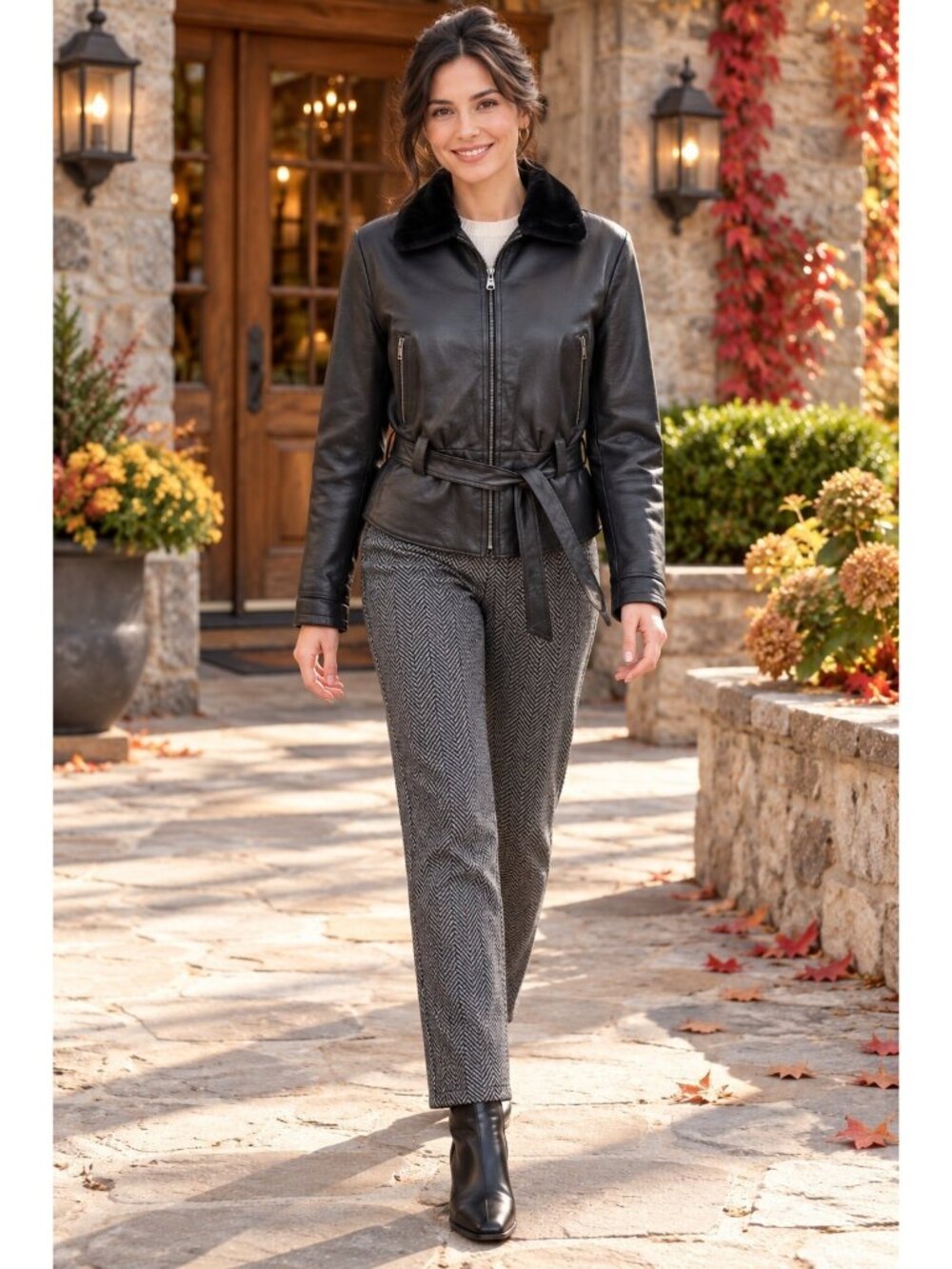 Leather Limited Genuine Leather Belted Moto Jacket With Faux Fur Collar Womens M